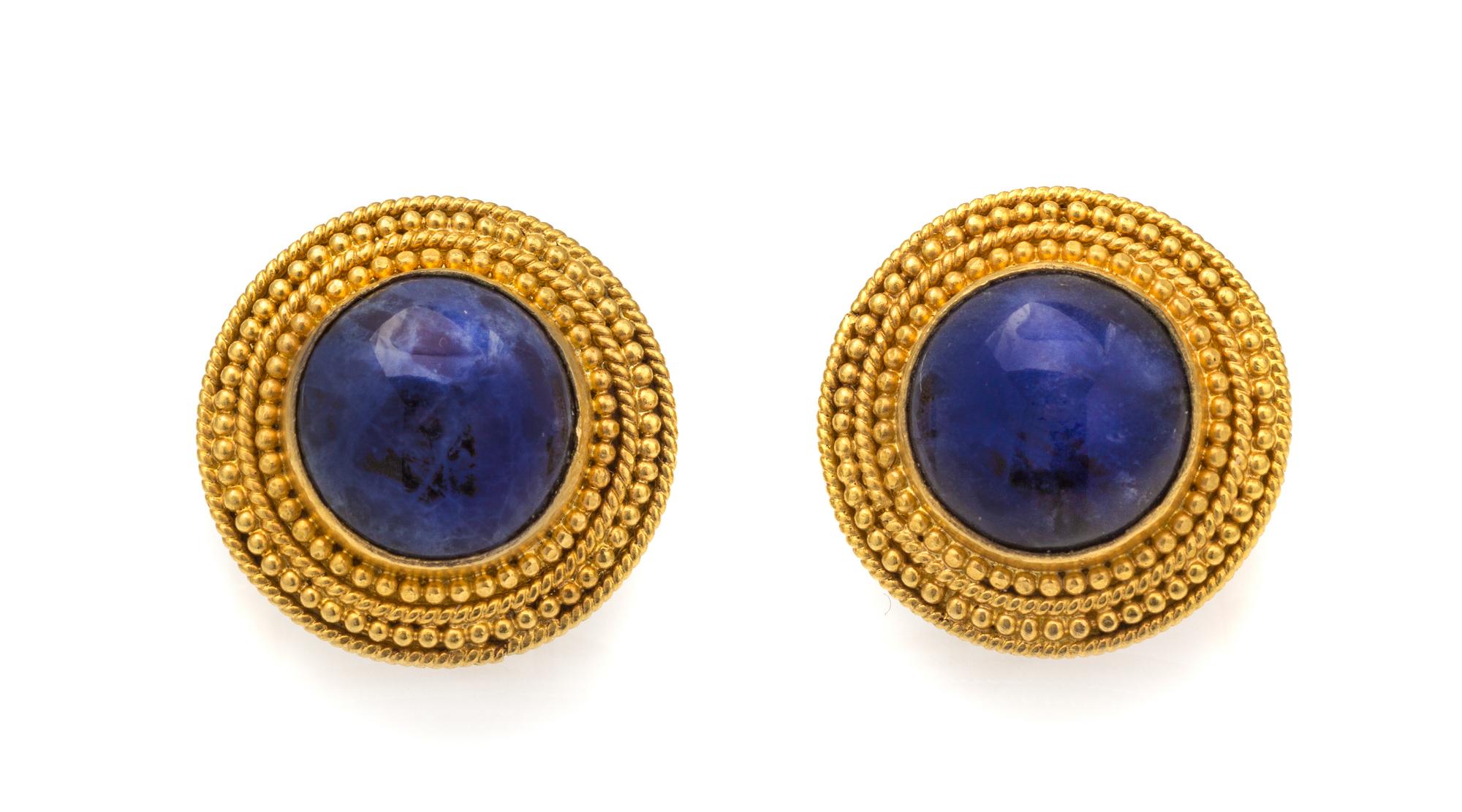 A Pair of 18 Karat Yellow Gold and Sodalite Earclips, Lalaounis, 9.90 dwts.
