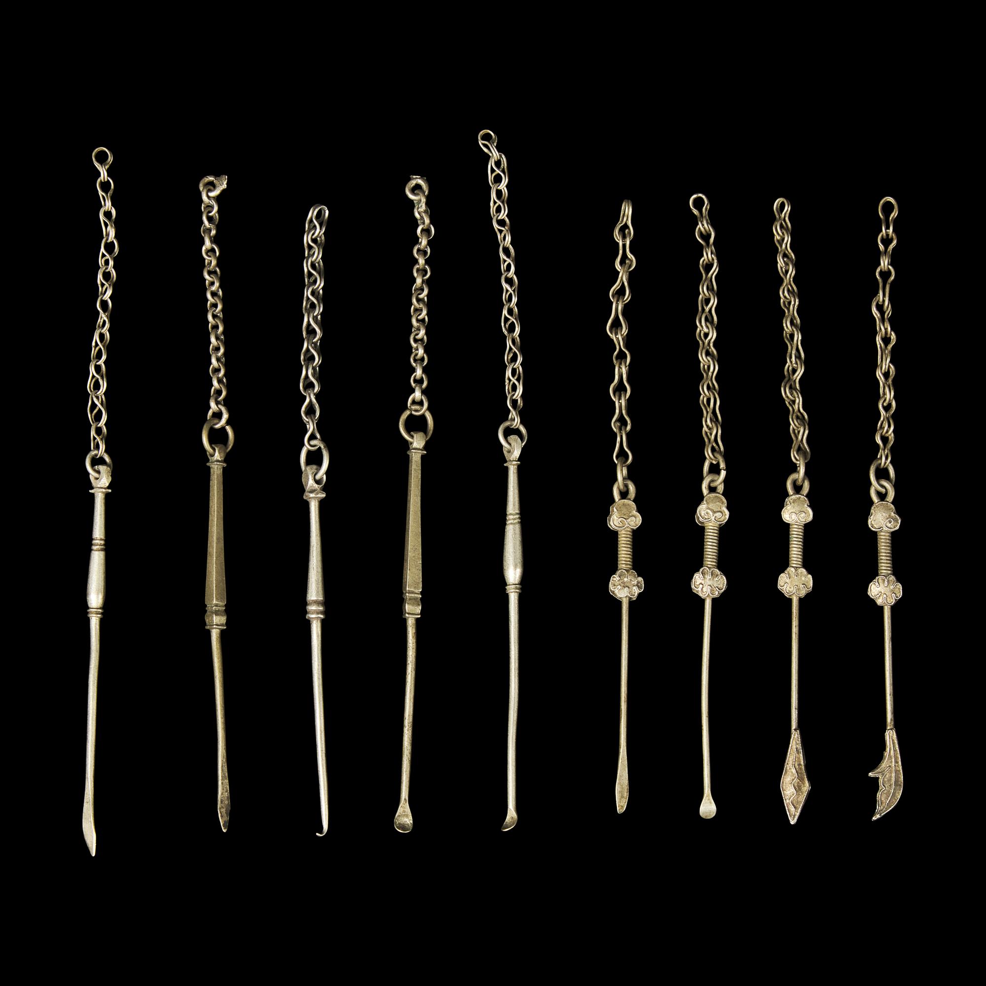 A Large Group of 31 Chinese Silver Tools, Qing Dynasty and Earlier 清及更早 銀事件兒一組