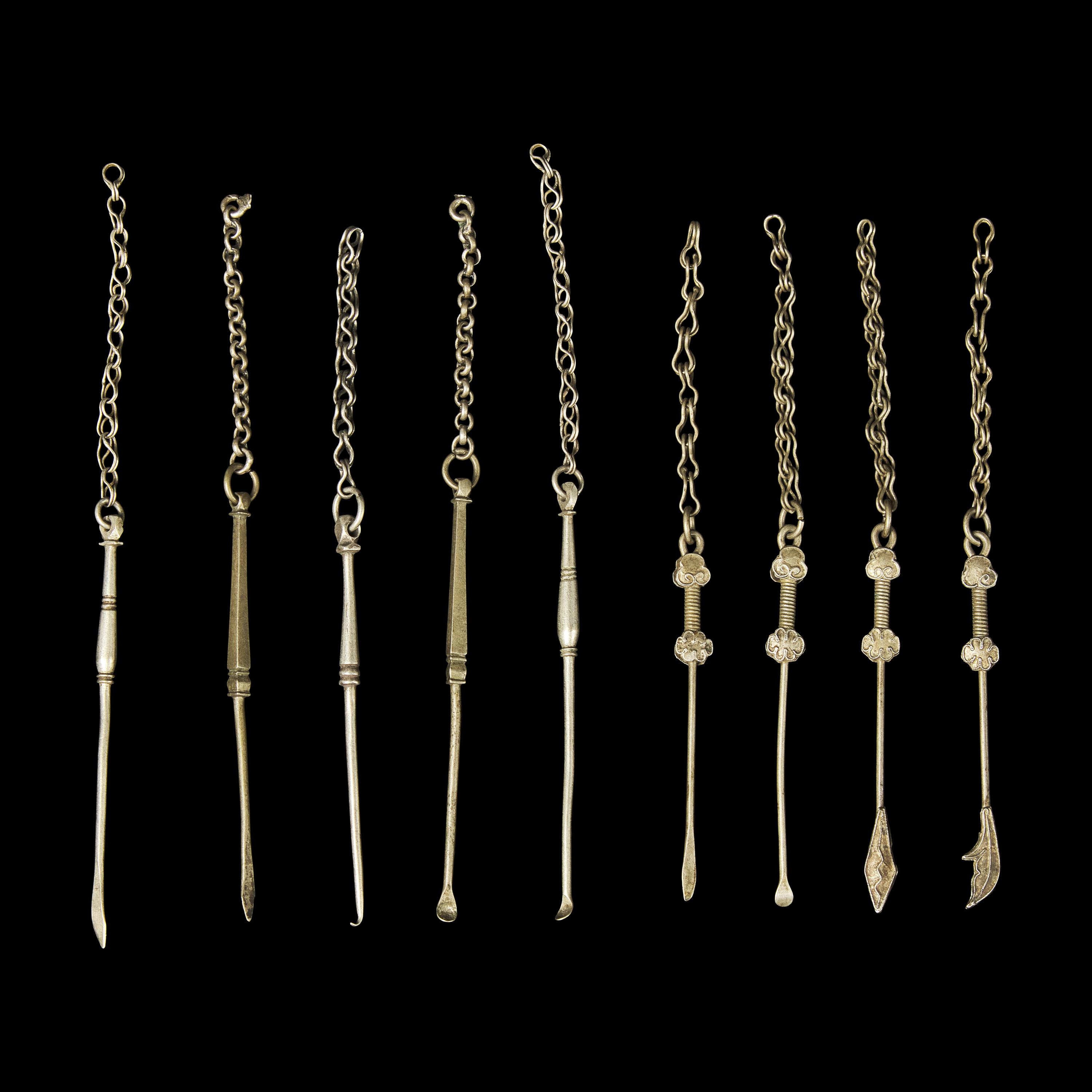 A Large Group of 31 Chinese Silver Tools, Qing Dynasty and Earlier 清及更早 銀事件兒一組