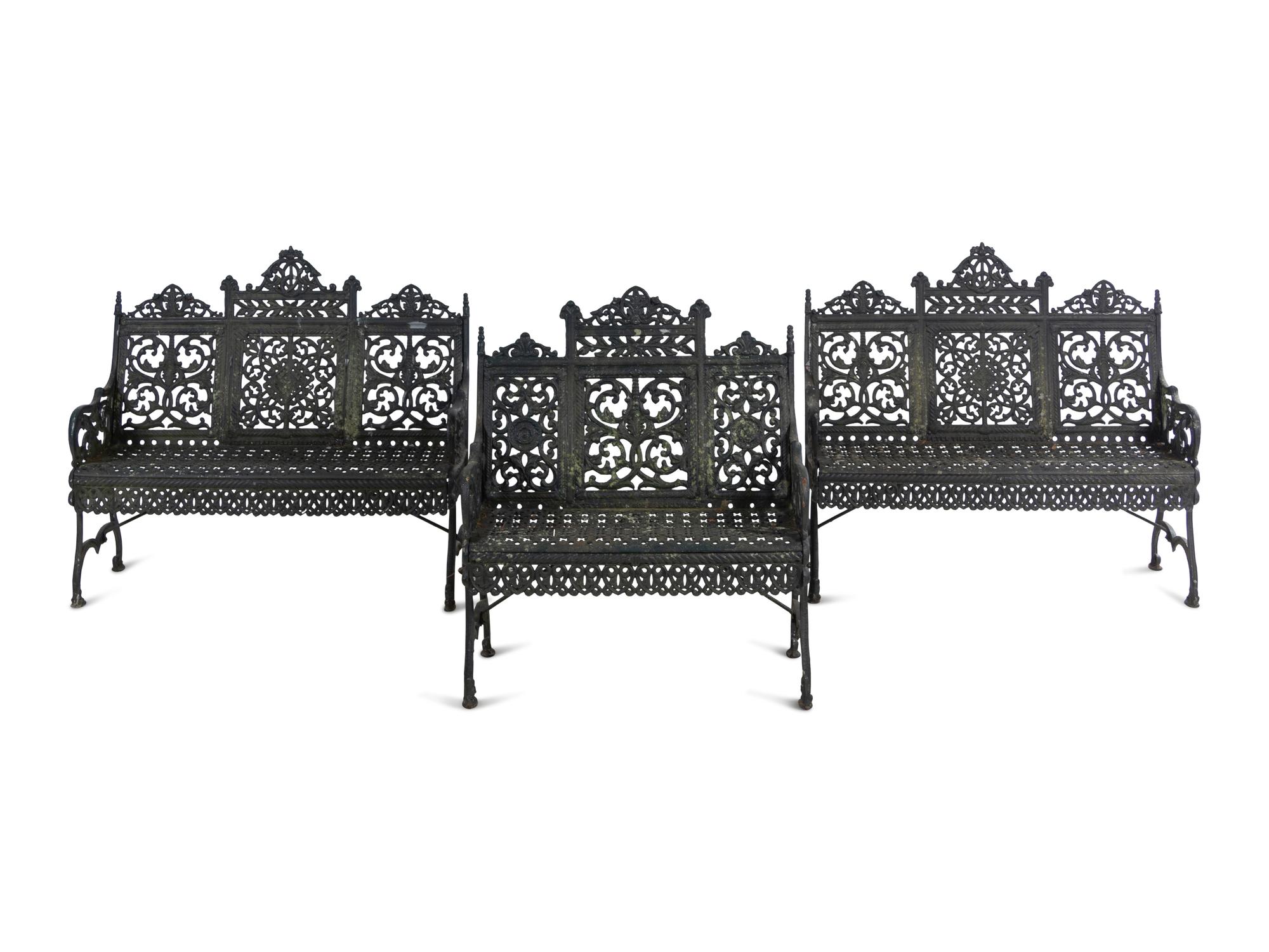 Three Painted Cast Iron Garden Benches