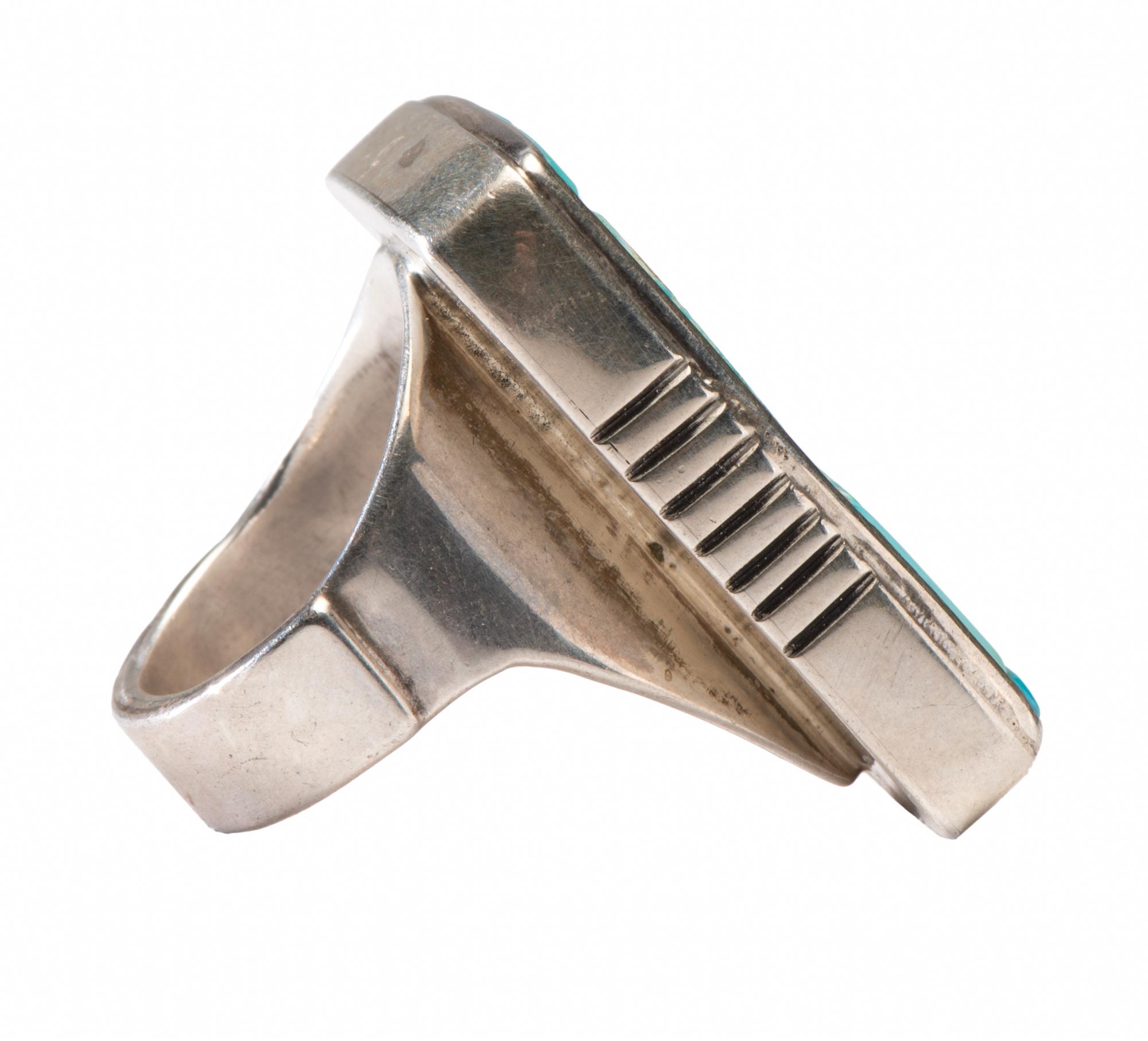 Sterling Silver Ring, with Turquoise and Coral Mosaic Inlay Lot is located and will ship from Denver, Colorado.