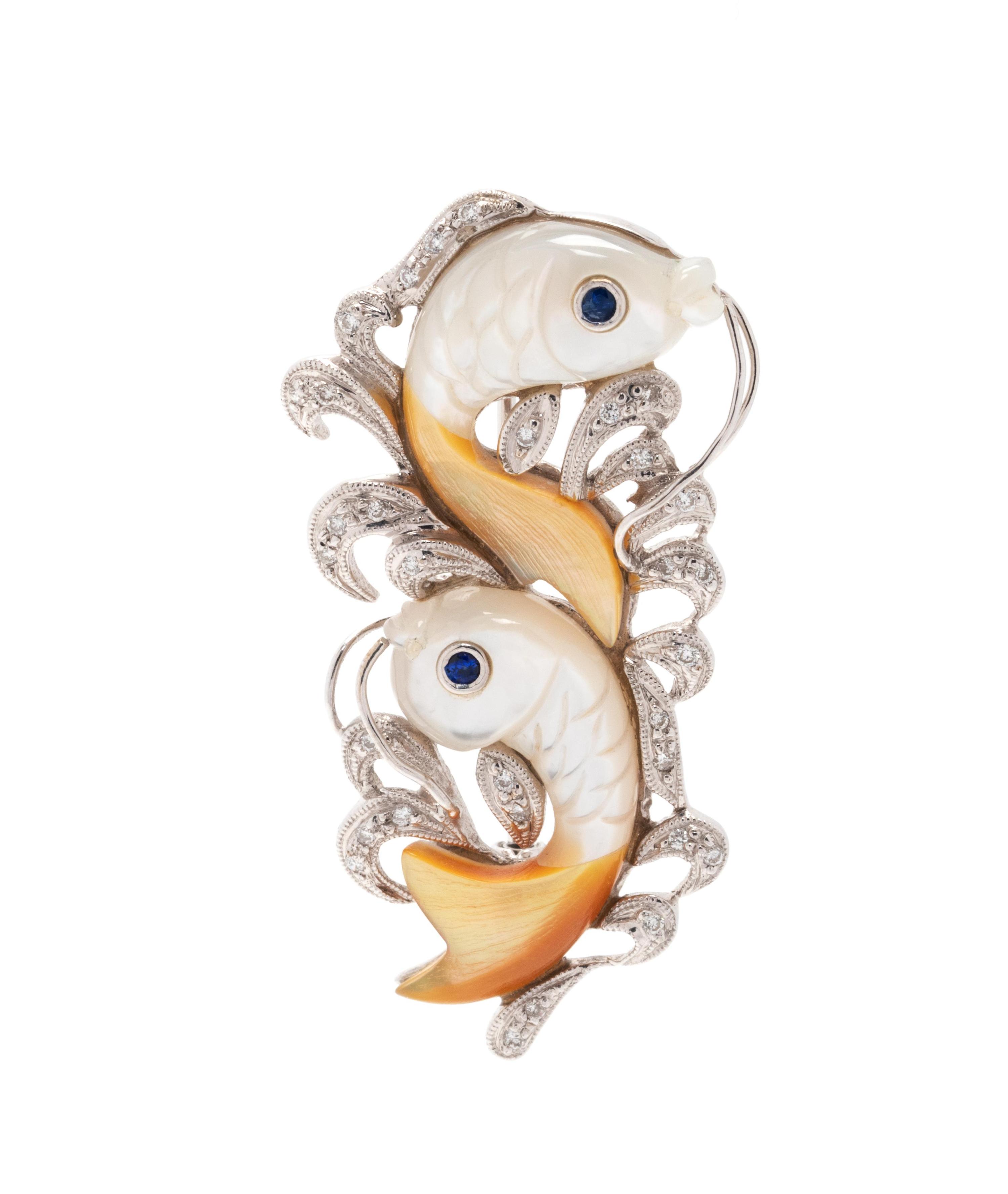MOTHER-OF-PEARL AND DIAMOND FISH PENDANT/BROOCH