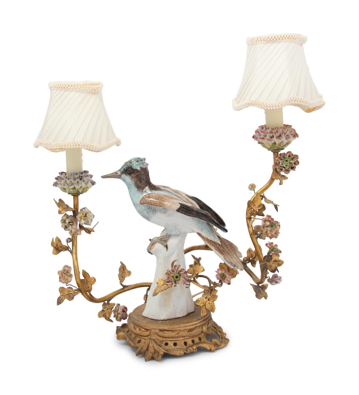 A Continental Porcelain Mounted Two-Light Lamp