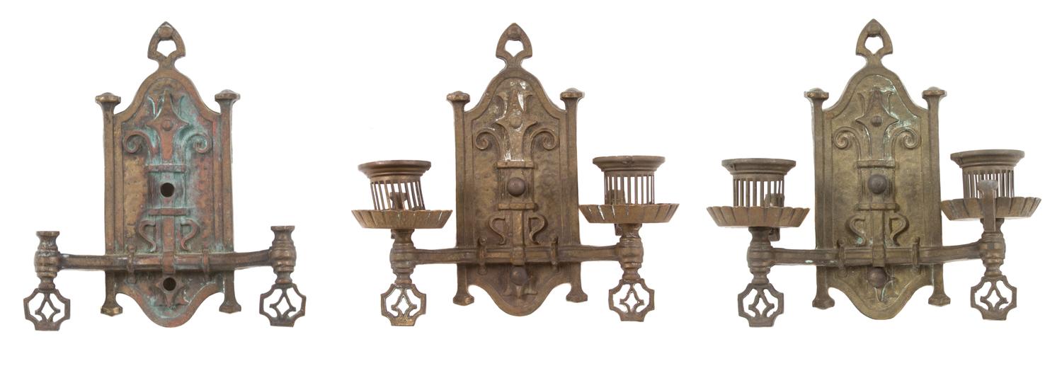 Three Bronze Gothic Revival Two-Light Wall Sconces Height 9 3/4 x width 9 3/4 inches. — LATE 19TH CENTURY