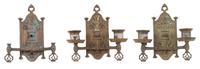 Three Bronze Gothic Revival Two-Light Wall Sconces Height 9 3/4 x width 9 3/4 inches. — LATE 19TH CENTURY