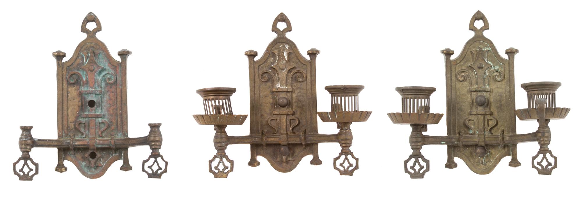 Three Bronze Gothic Revival Two-Light Wall Sconces Height 9 3/4 x width 9 3/4 inches. — LATE 19TH CENTURY