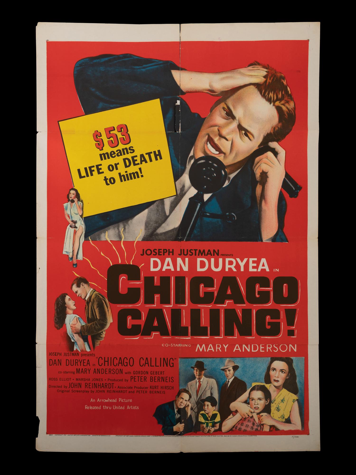 (Film Posters) “Chicago Calling”, Arrowhead Pictures, 1951.
