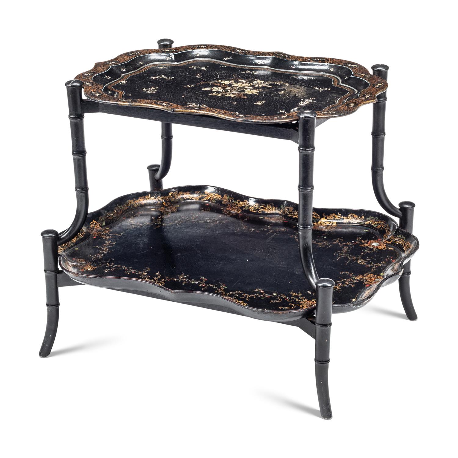 A Victorian Papier Mâché and Mother-of-Pearl Inlaid Two-Tier Tray Table