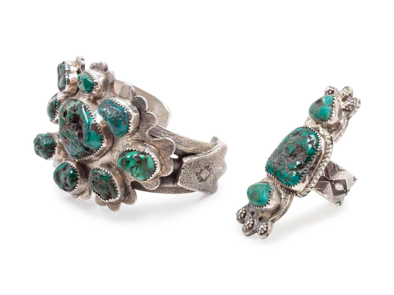 Native American Silver and Turquoise Bracelet and Ring, possibly from the Candelaria Mine
