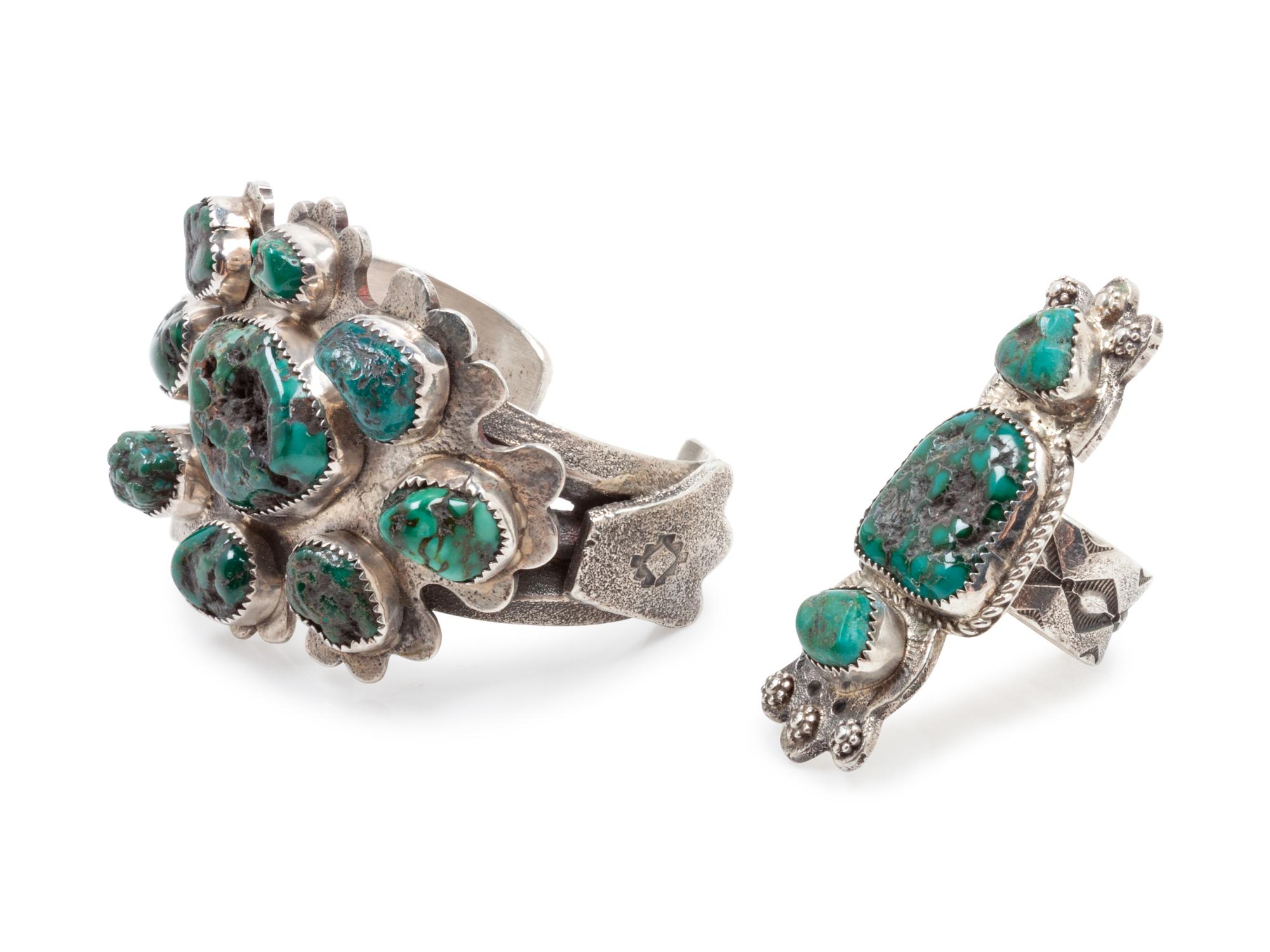 Native American Silver and Turquoise Bracelet and Ring, possibly from the Candelaria Mine