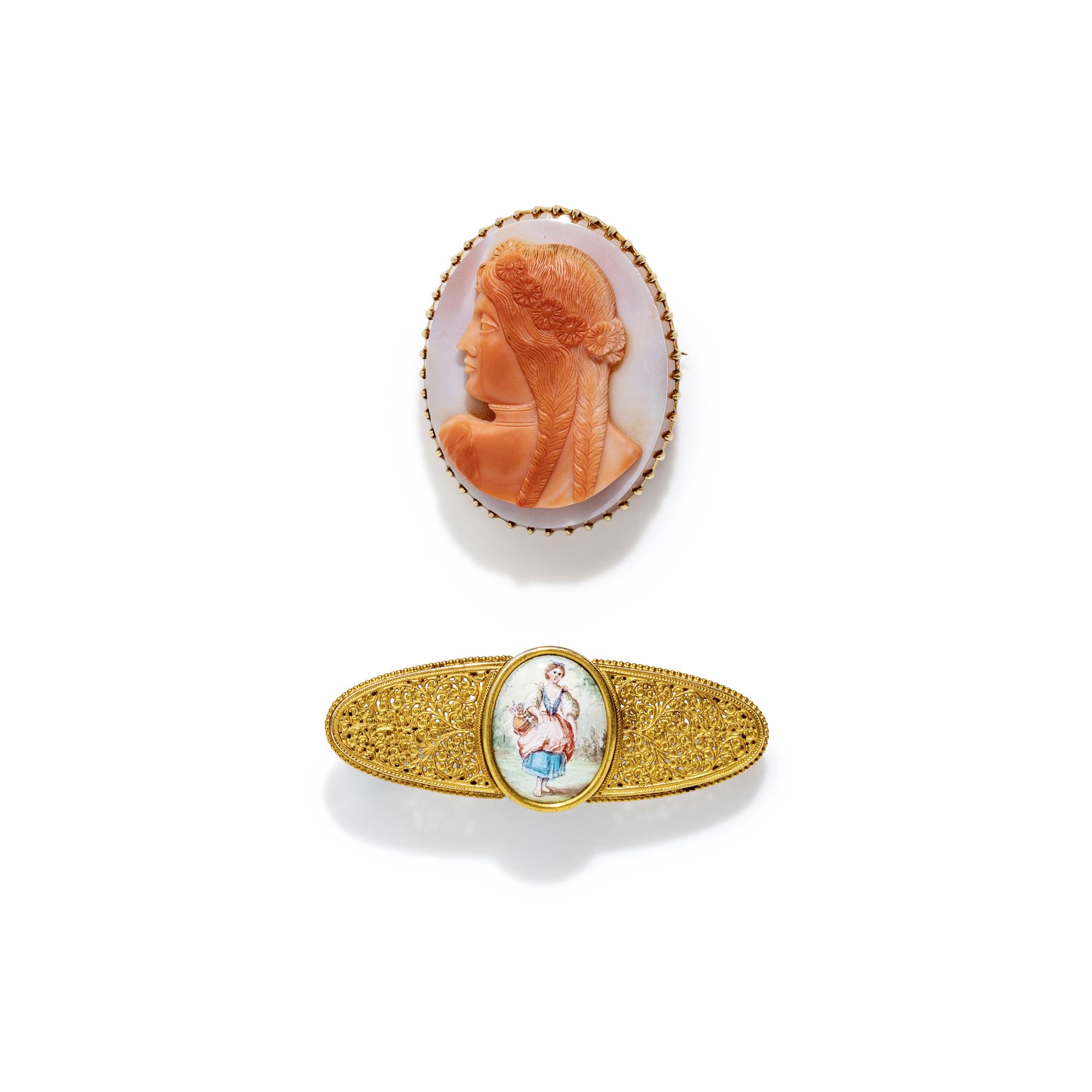 TWO YELLOW GOLD FIGURAL BROOCHES