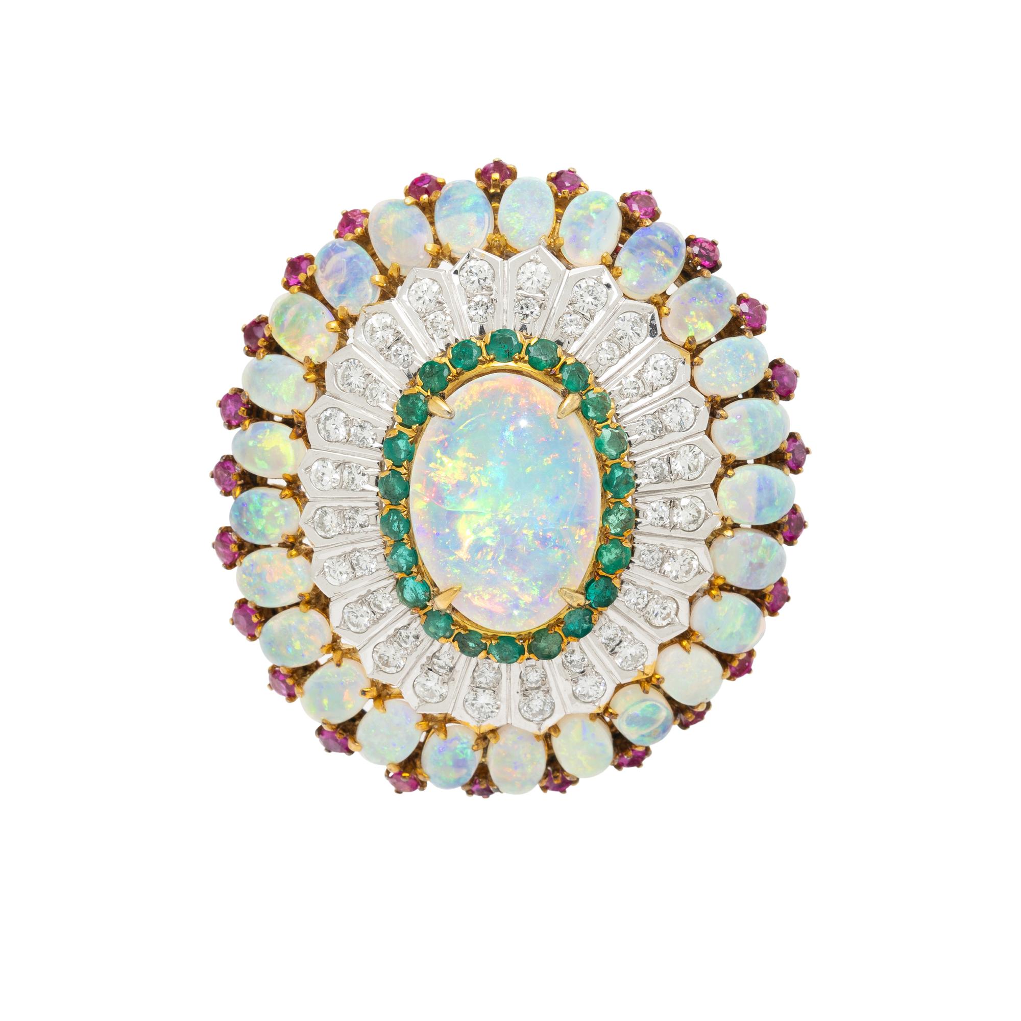 OPAL, EMERALD, DIAMOND, RUBY, AND GOLD PENDANT BROOCH