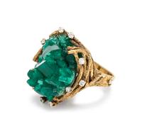 RONAY, YELLOW GOLD, SYNTHETIC EMERALD AND DIAMOND RING