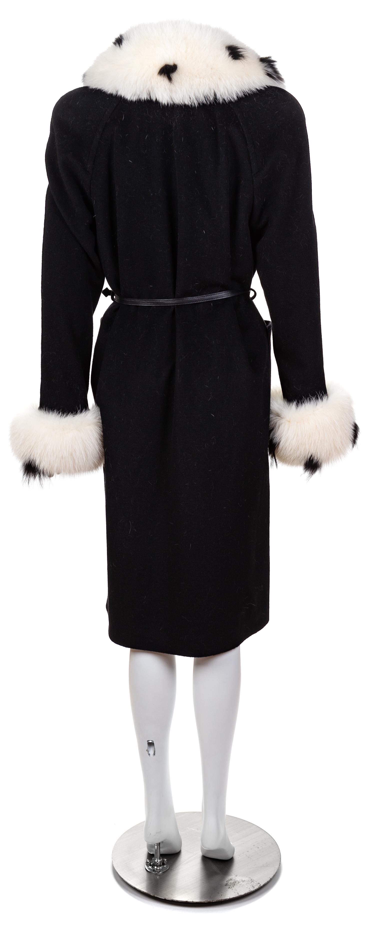 An Escada Black Wool Fox Trim Coat, Size 36; Self-tie belt: 58.25" L x .5" W.