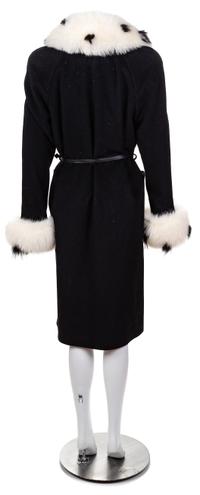 An Escada Black Wool Fox Trim Coat, Size 36; Self-tie belt: 58.25" L x .5" W.