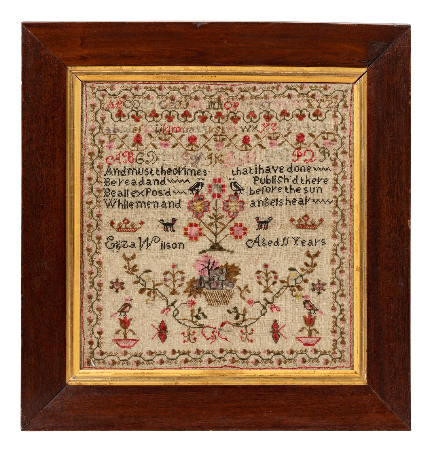 Four English Needlework Embroidered Pictorial Schoolgirl's Samplers