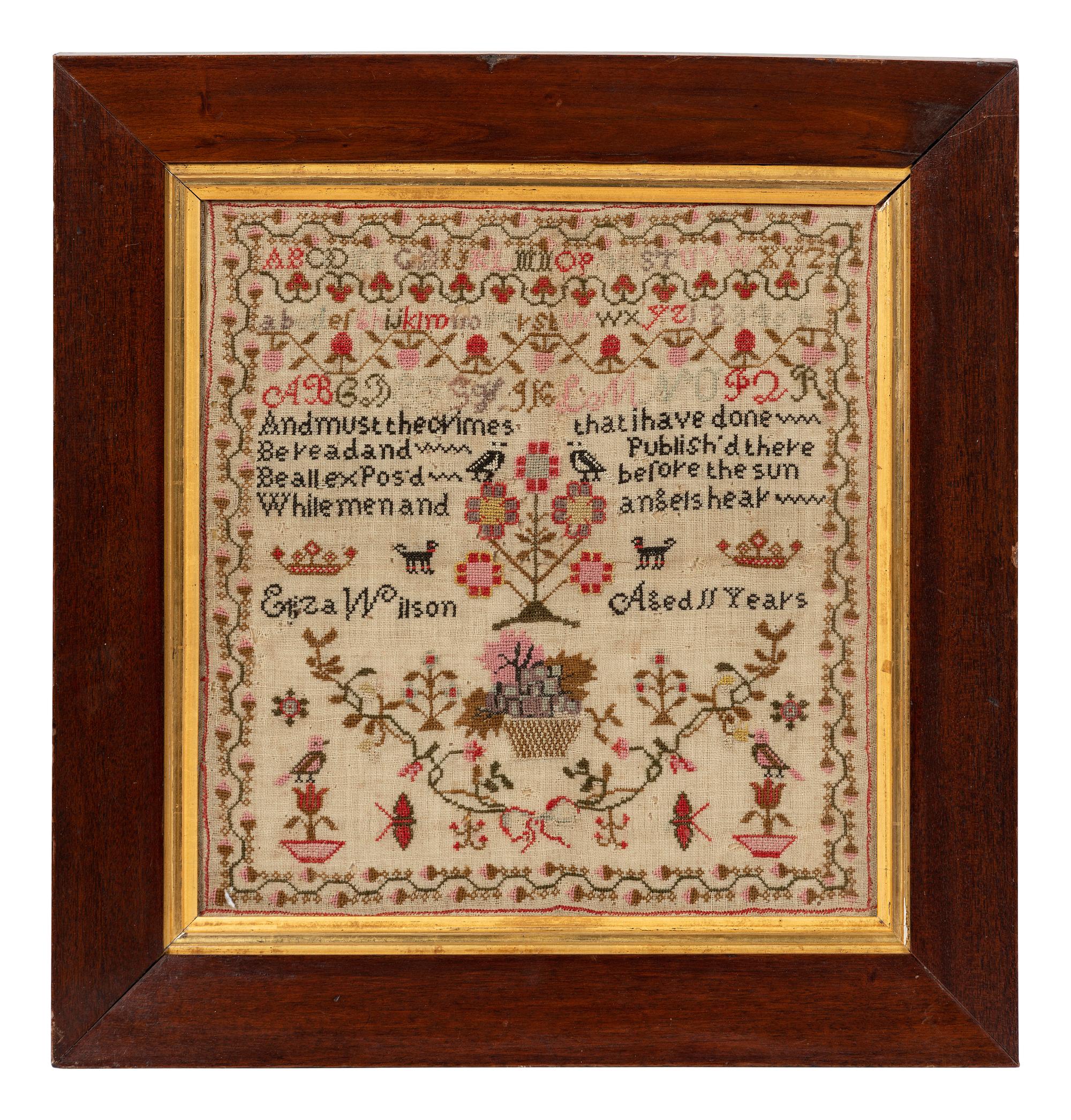 Four English Needlework Embroidered Pictorial Schoolgirl's Samplers