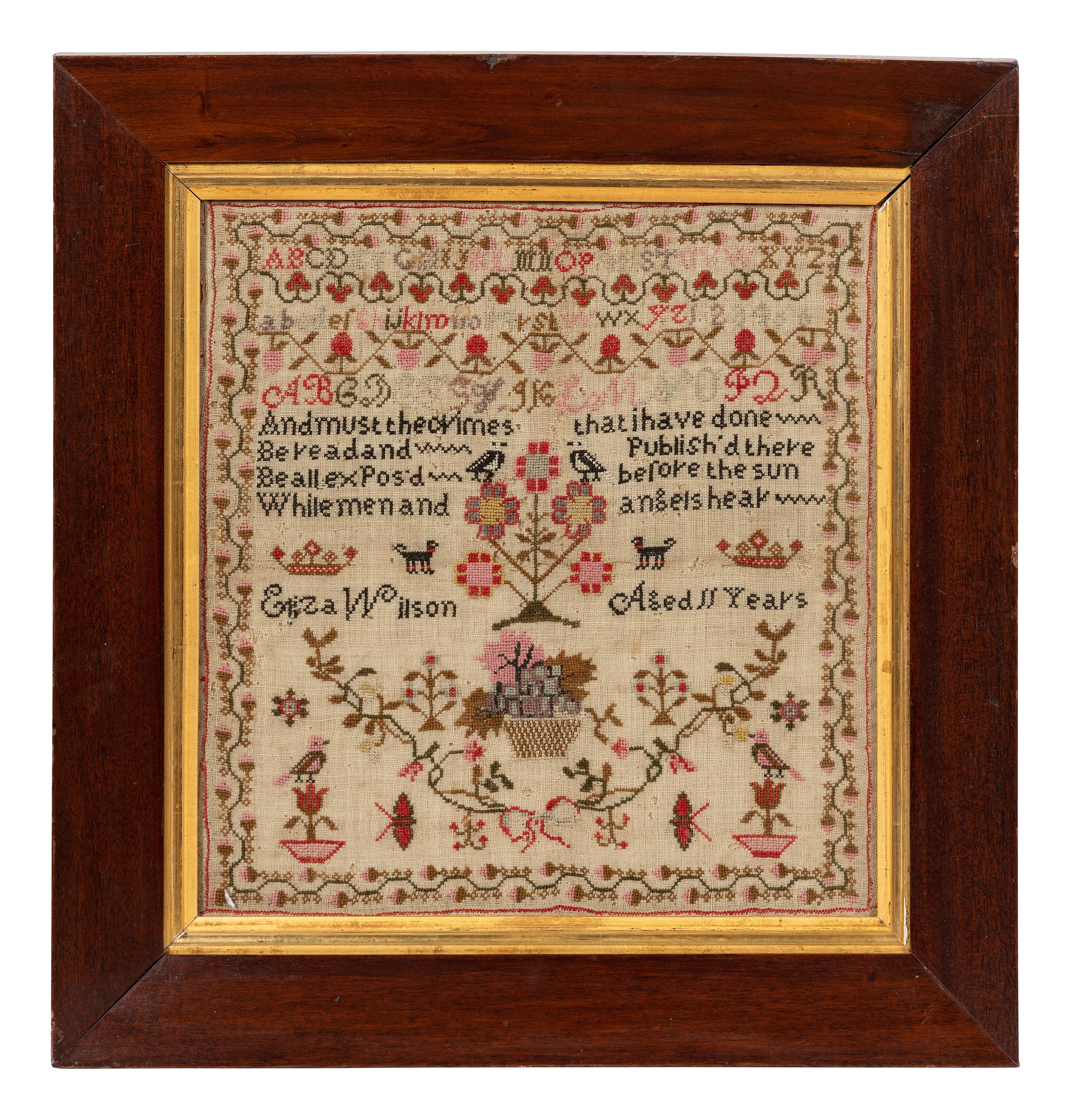 Four English Needlework Embroidered Pictorial Schoolgirl's Samplers