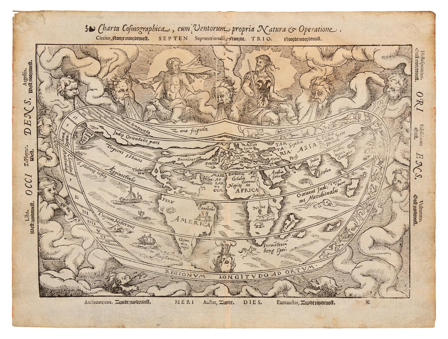 APIANUS. Charta Cosmographica, cum Ventorum... Antwerp, circa 1553. Block 2 (of 3) with border text in Latin and Dutch.