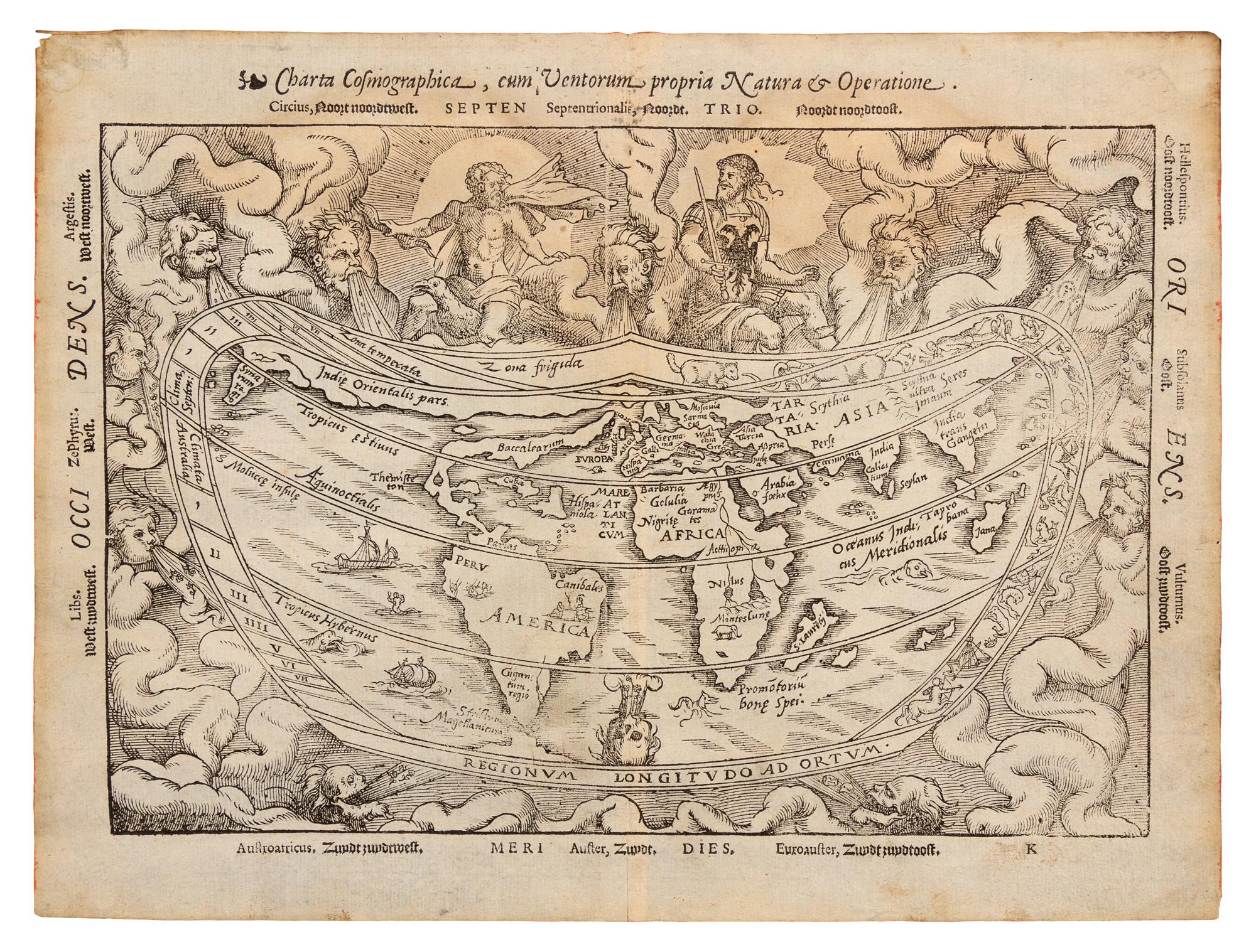 APIANUS. Charta Cosmographica, cum Ventorum... Antwerp, circa 1553. Block 2 (of 3) with border text in Latin and Dutch.
