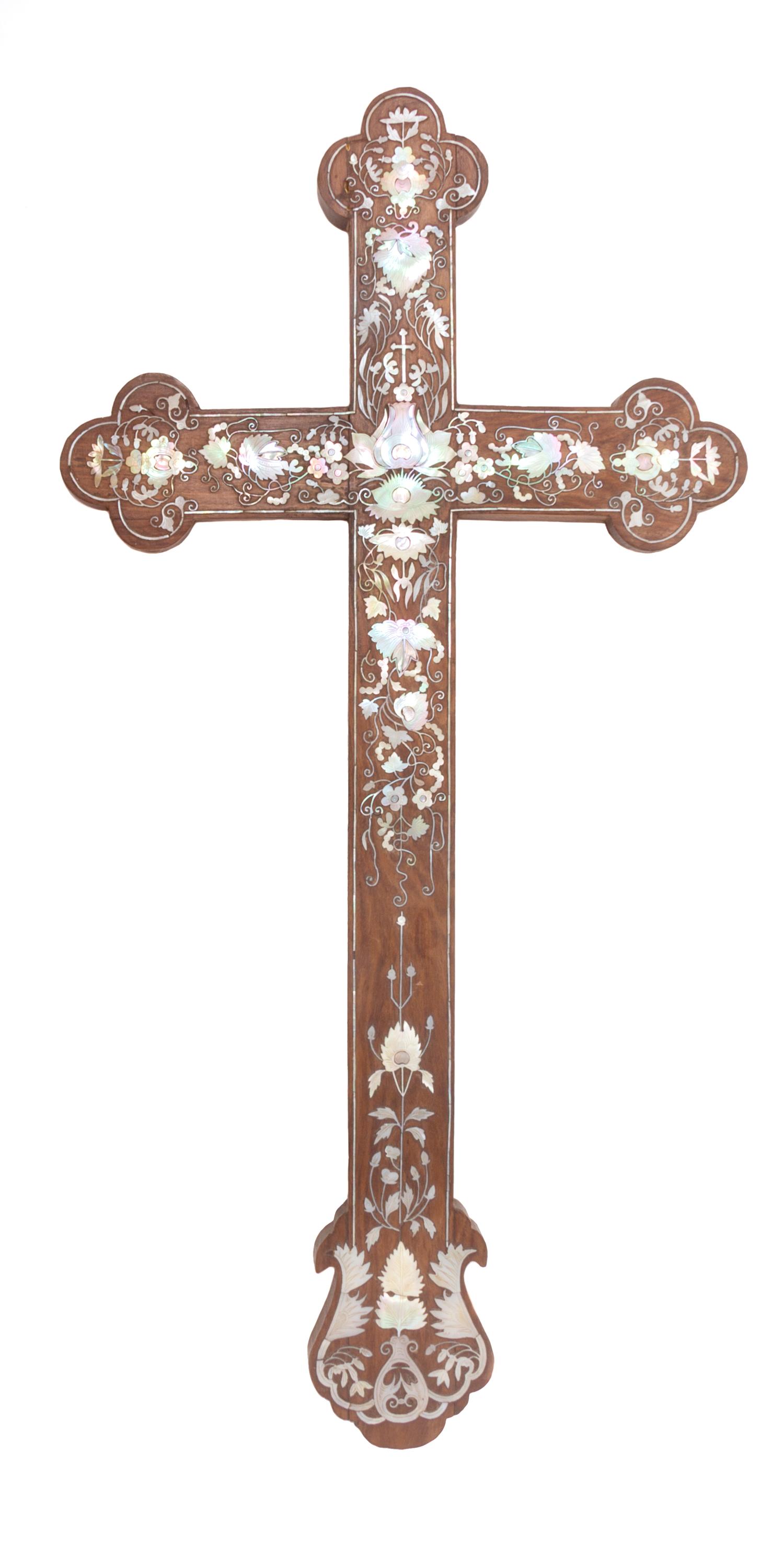 A Mother-of-Pearl Inlaid Wood Cross Height 22 inches. — 17TH-18TH CENTURY
