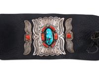 Navajo Stamped Silver, Turquoise, and Coral Ketoh, with Repousse Accents