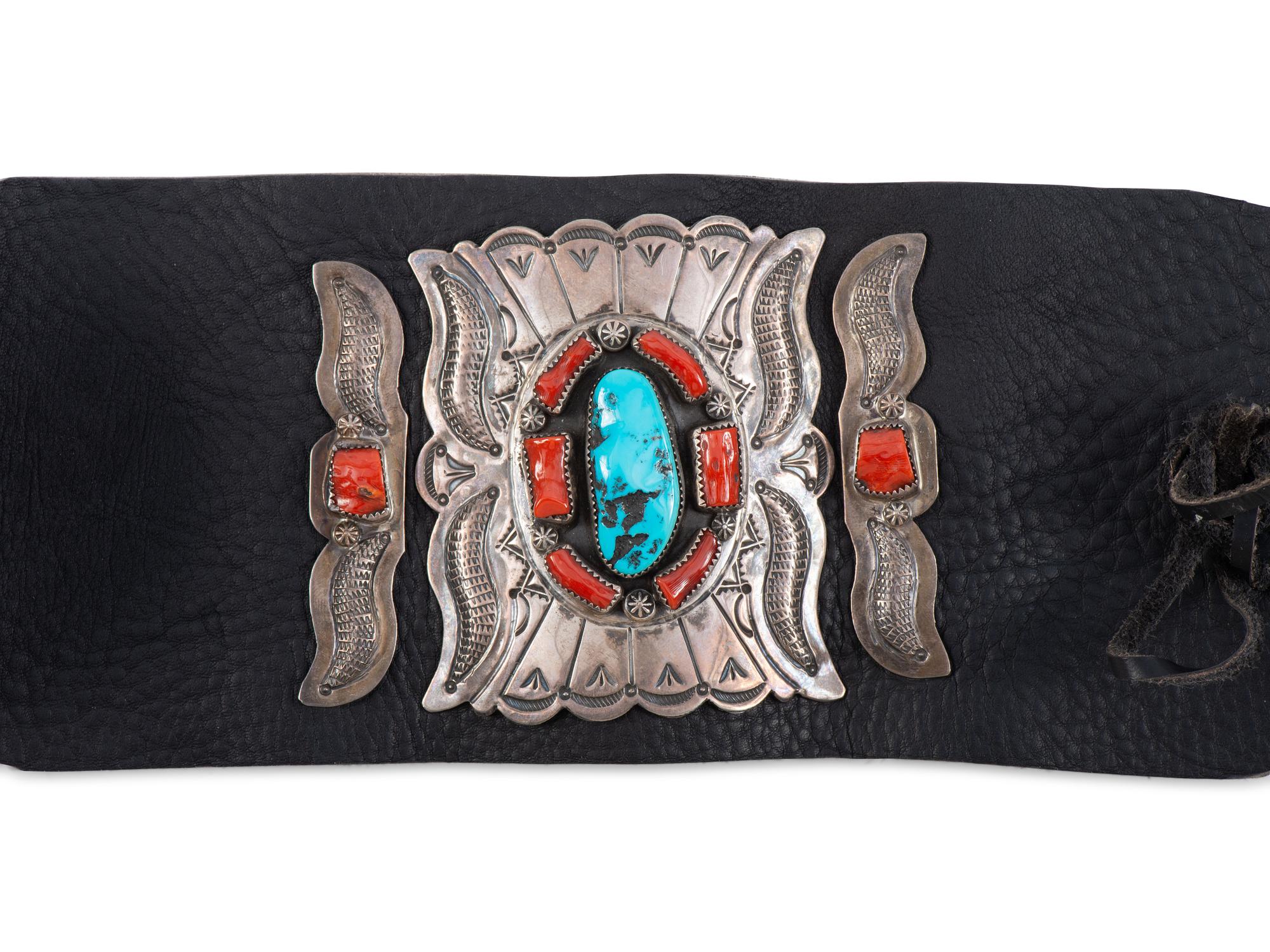 Navajo Stamped Silver, Turquoise, and Coral Ketoh, with Repousse Accents