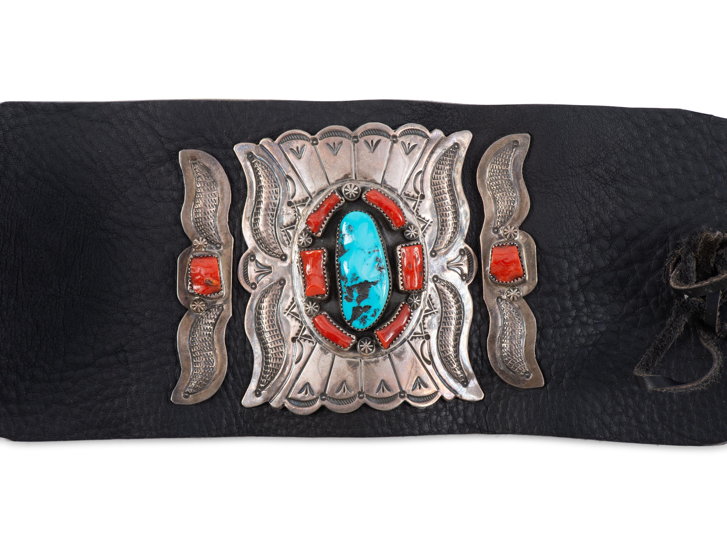 Navajo Stamped Silver, Turquoise, and Coral Ketoh, with Repousse Accents