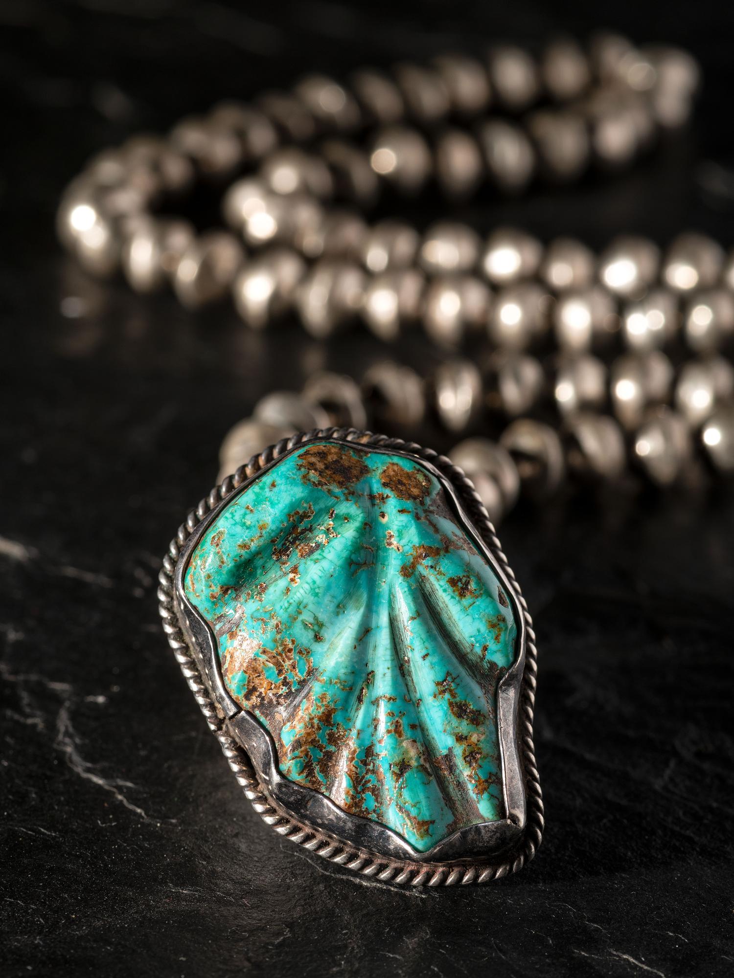 Silver and Carved Turquoise Leaf Pendant / Pin, with Silver Bead Necklace