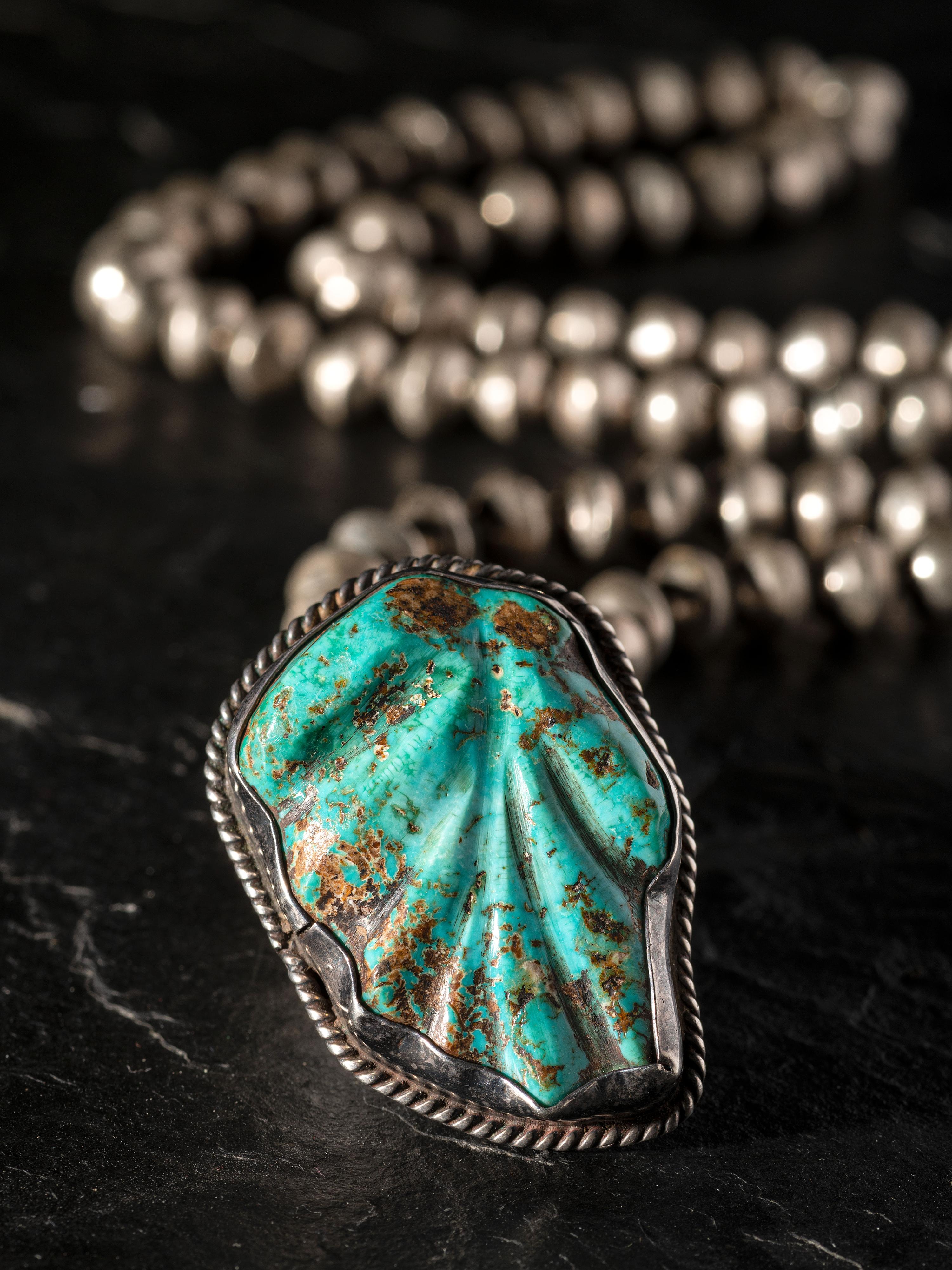 Silver and Carved Turquoise Leaf Pendant / Pin, with Silver Bead Necklace