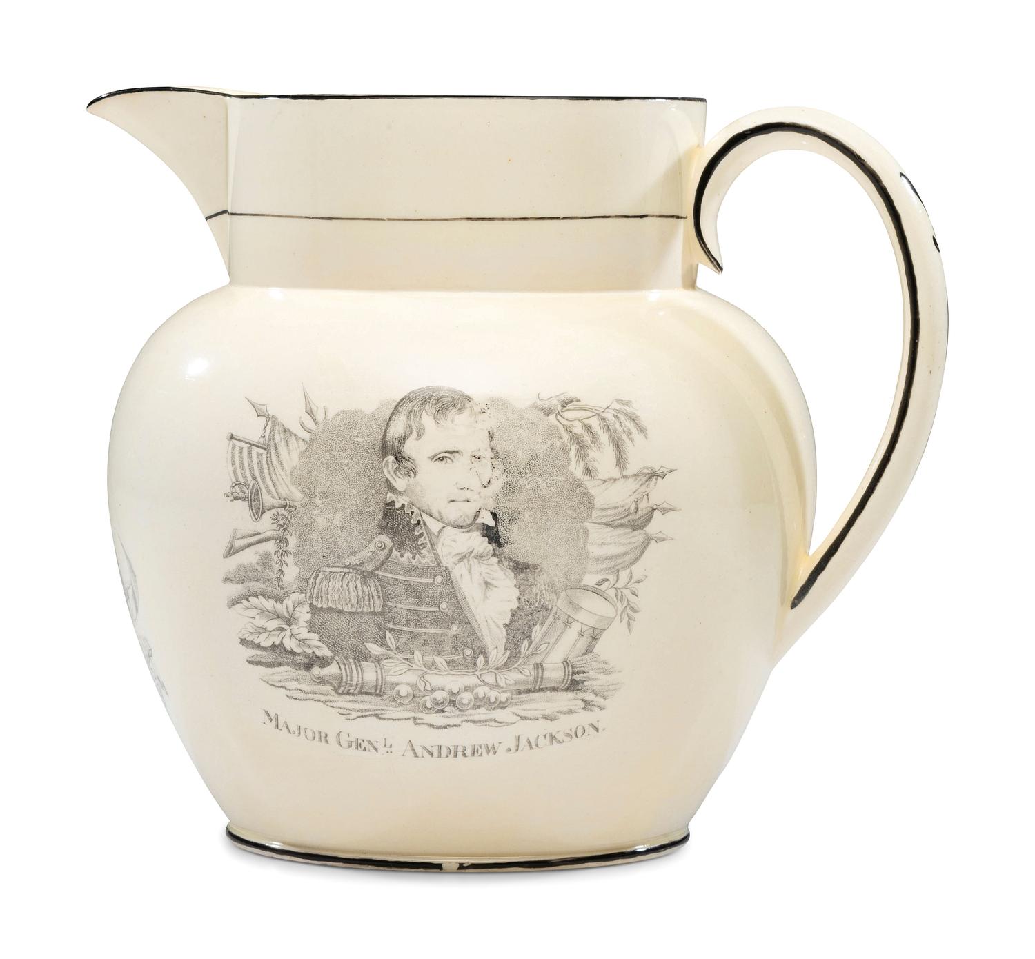 A Very Rare Staffordshire Transfer-Print Creamware War of 1812 Portrait Pitcher