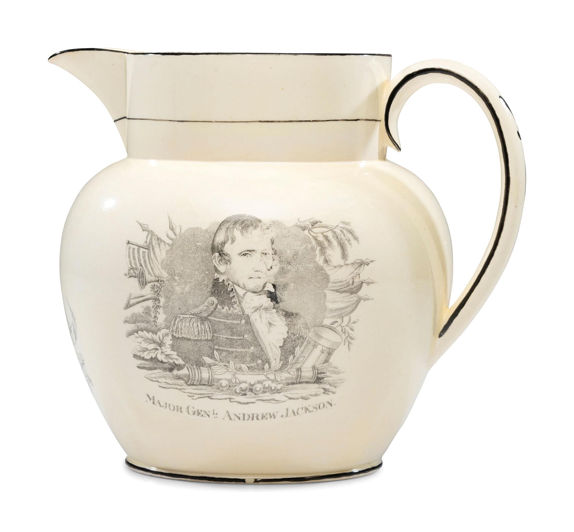 A Very Rare Staffordshire Transfer-Print Creamware War of 1812 Portrait Pitcher