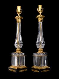 A Pair of Empire Style Gilt Metal Mounted Glass Table Lamps