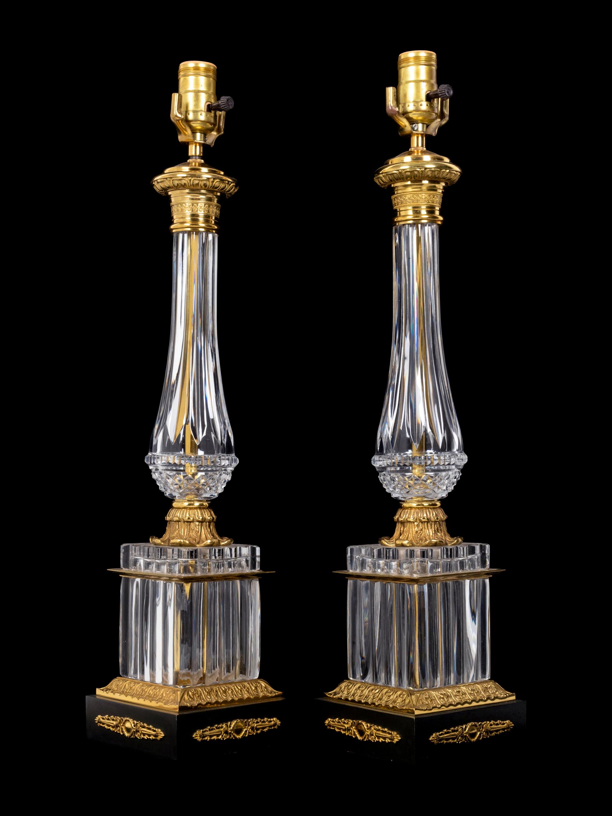 A Pair of Empire Style Gilt Metal Mounted Glass Table Lamps