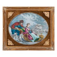 A Continental Hand Colored Engraving of Couple in Sled