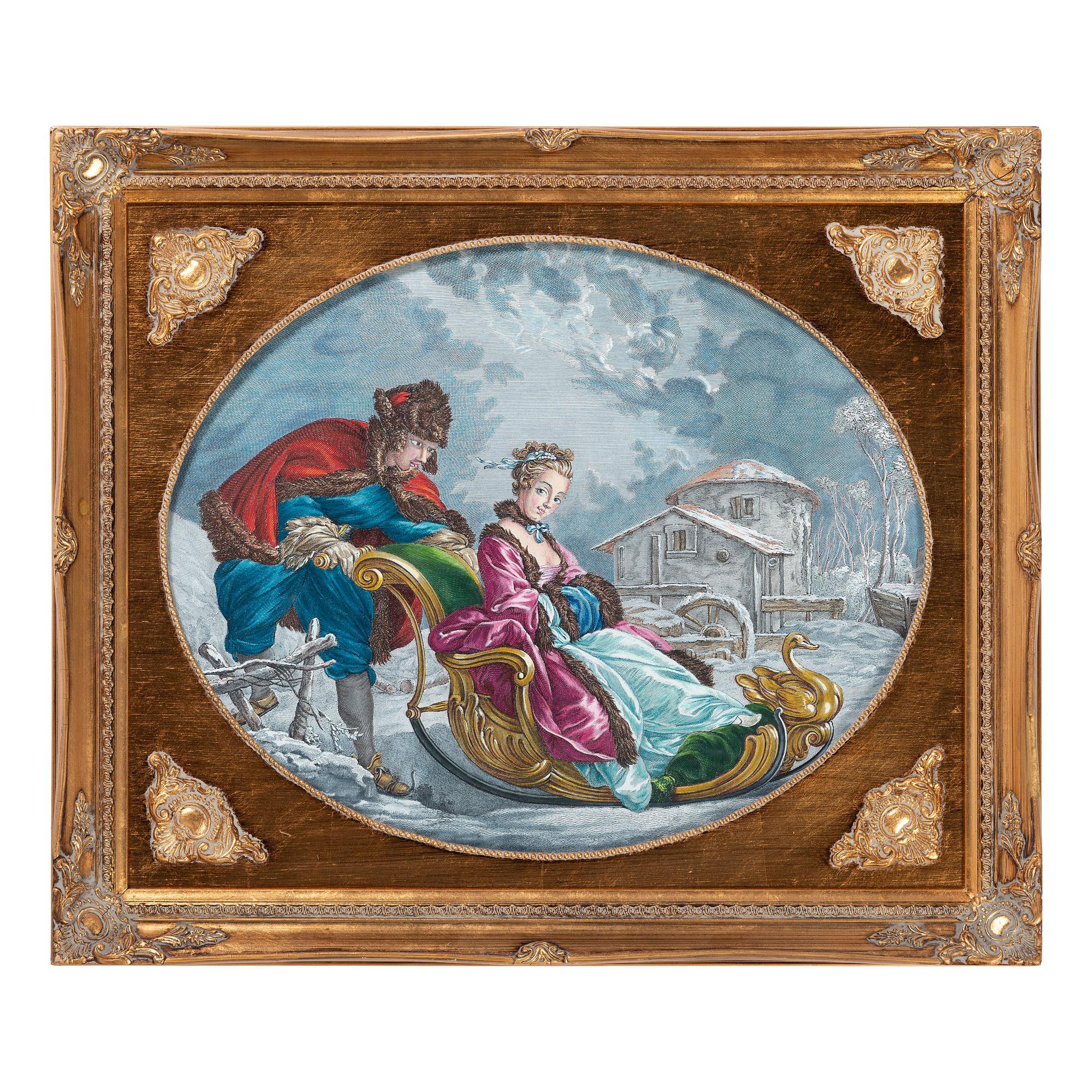 A Continental Hand Colored Engraving of Couple in Sled