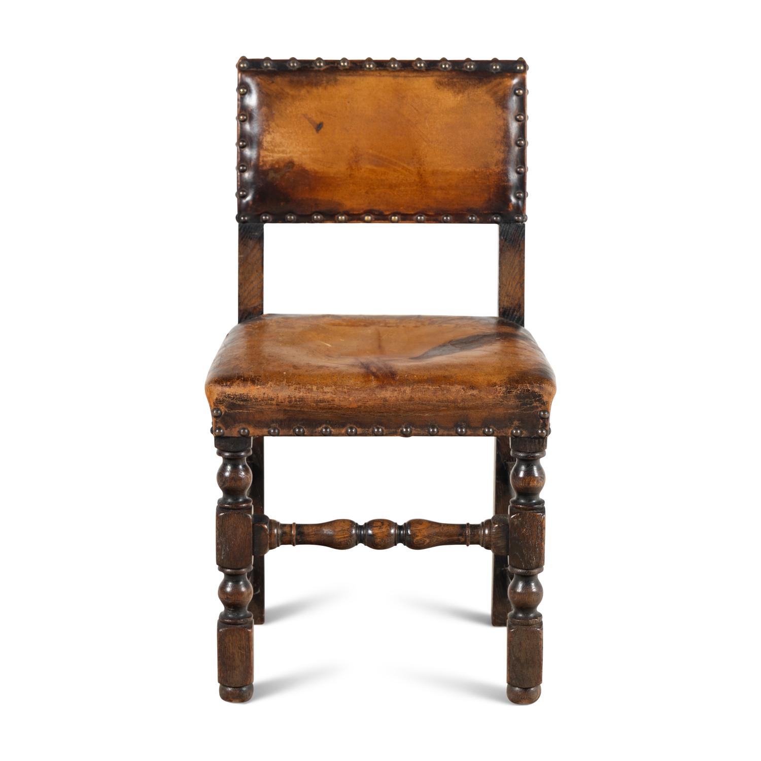 A Pair of Charles II Style Leather and Nail Head-Upholstered Oak Side Chairs
