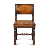A Pair of Charles II Style Leather and Nail Head-Upholstered Oak Side Chairs