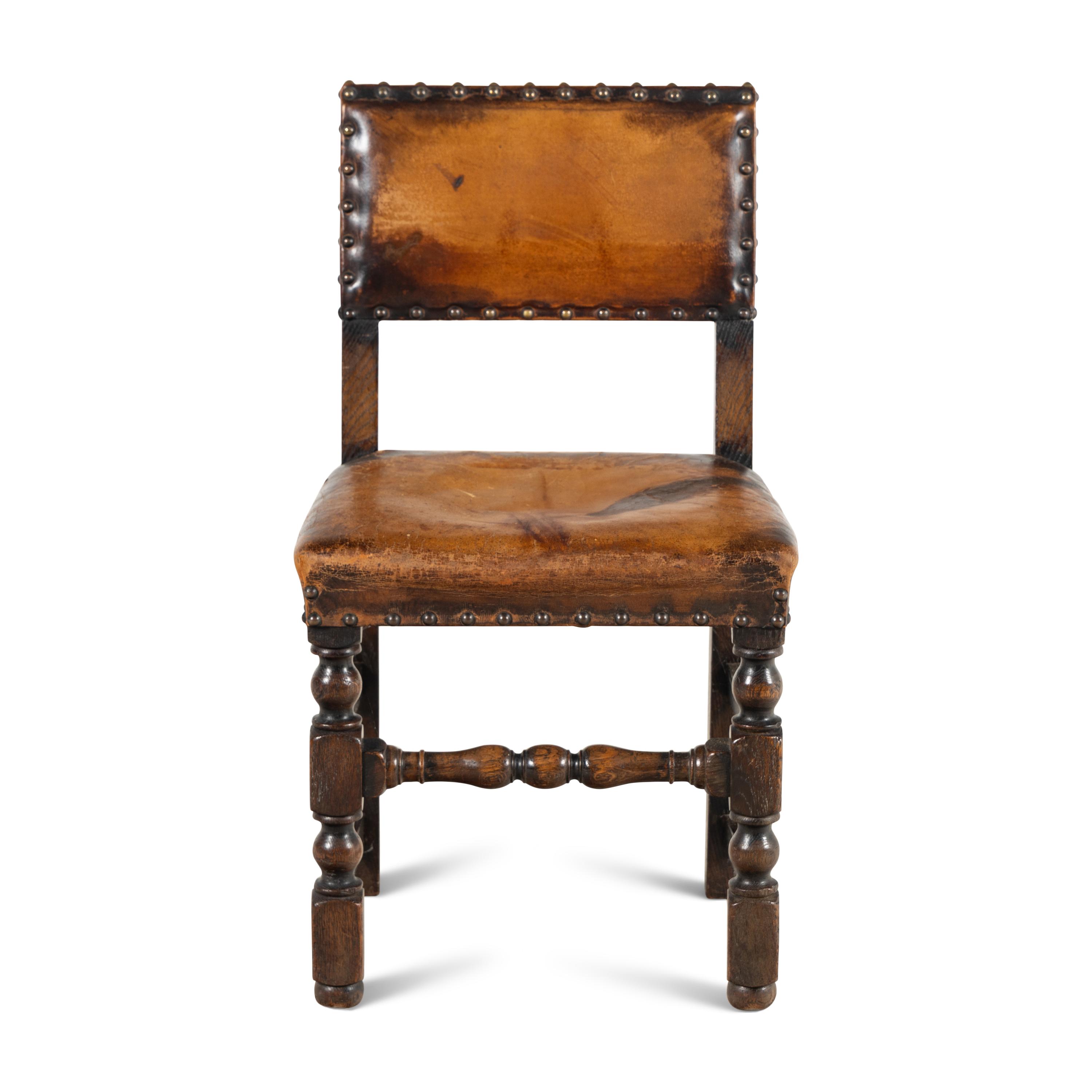 A Pair of Charles II Style Leather and Nail Head-Upholstered Oak Side Chairs