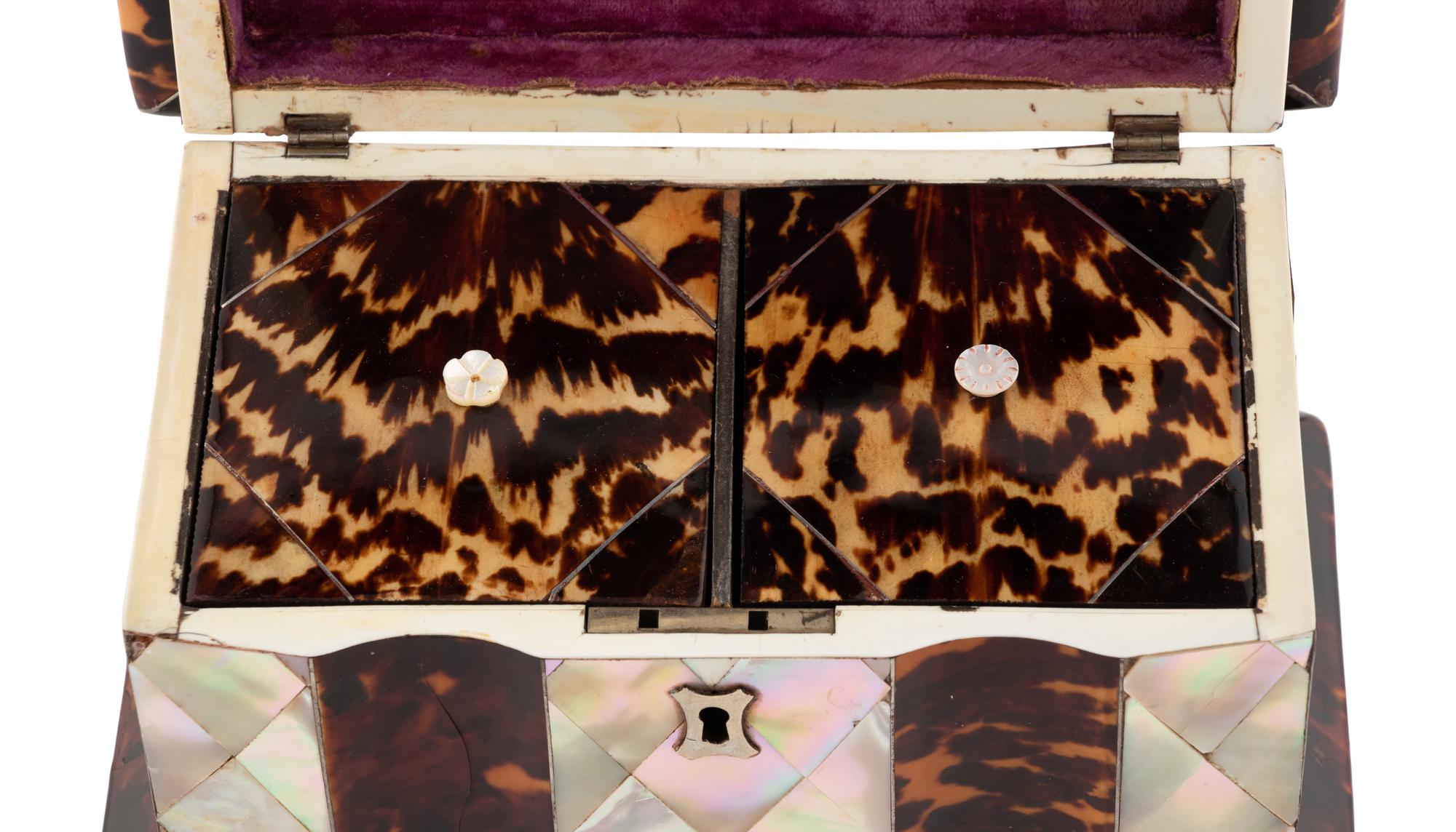 A Regency Tortoise Shell and Mother-of-Pearl Tea Caddy