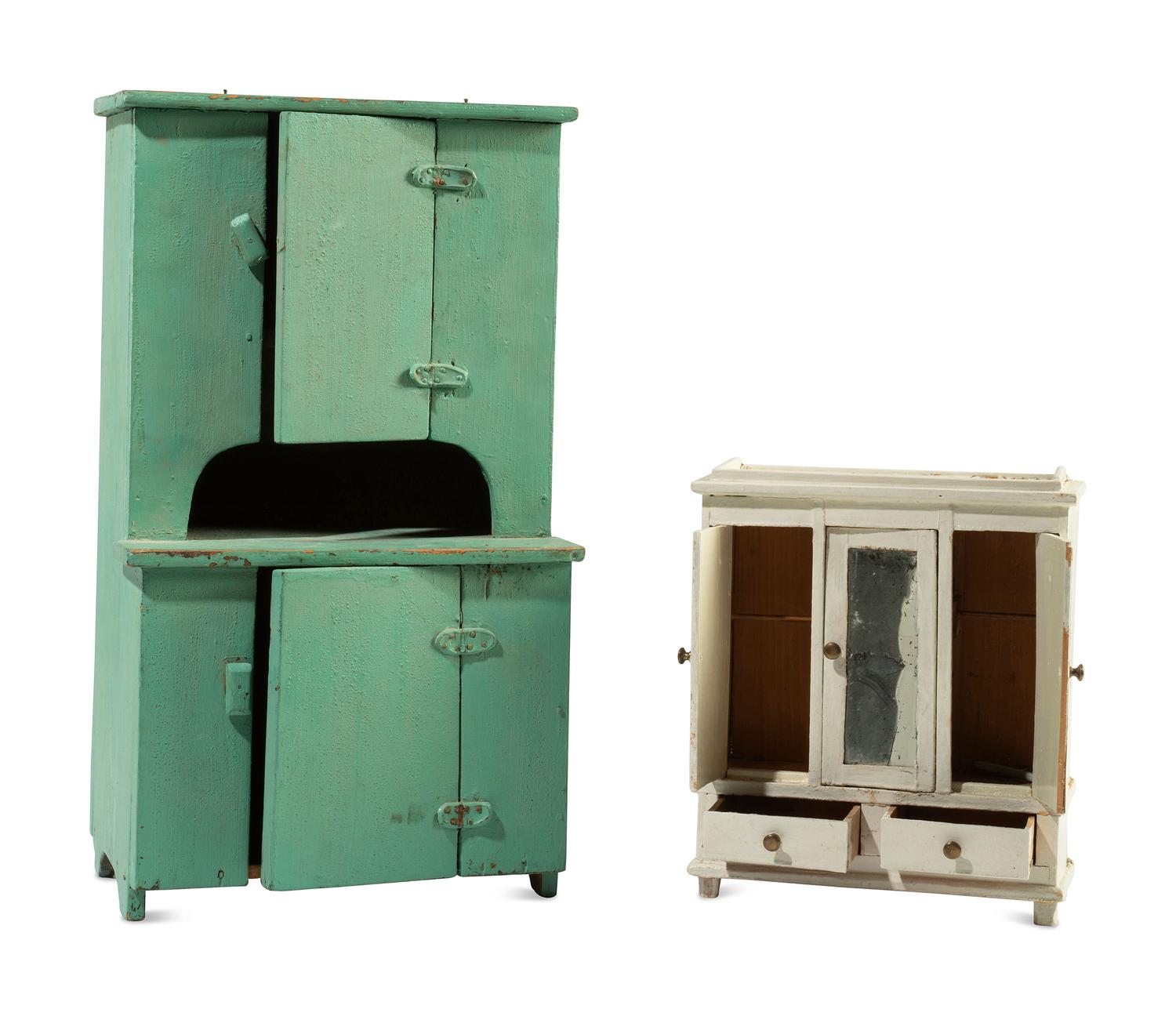 A Green Painted Miniature Step-Back Cupboard and a White-Painted Miniature Wardrobe Cabinet