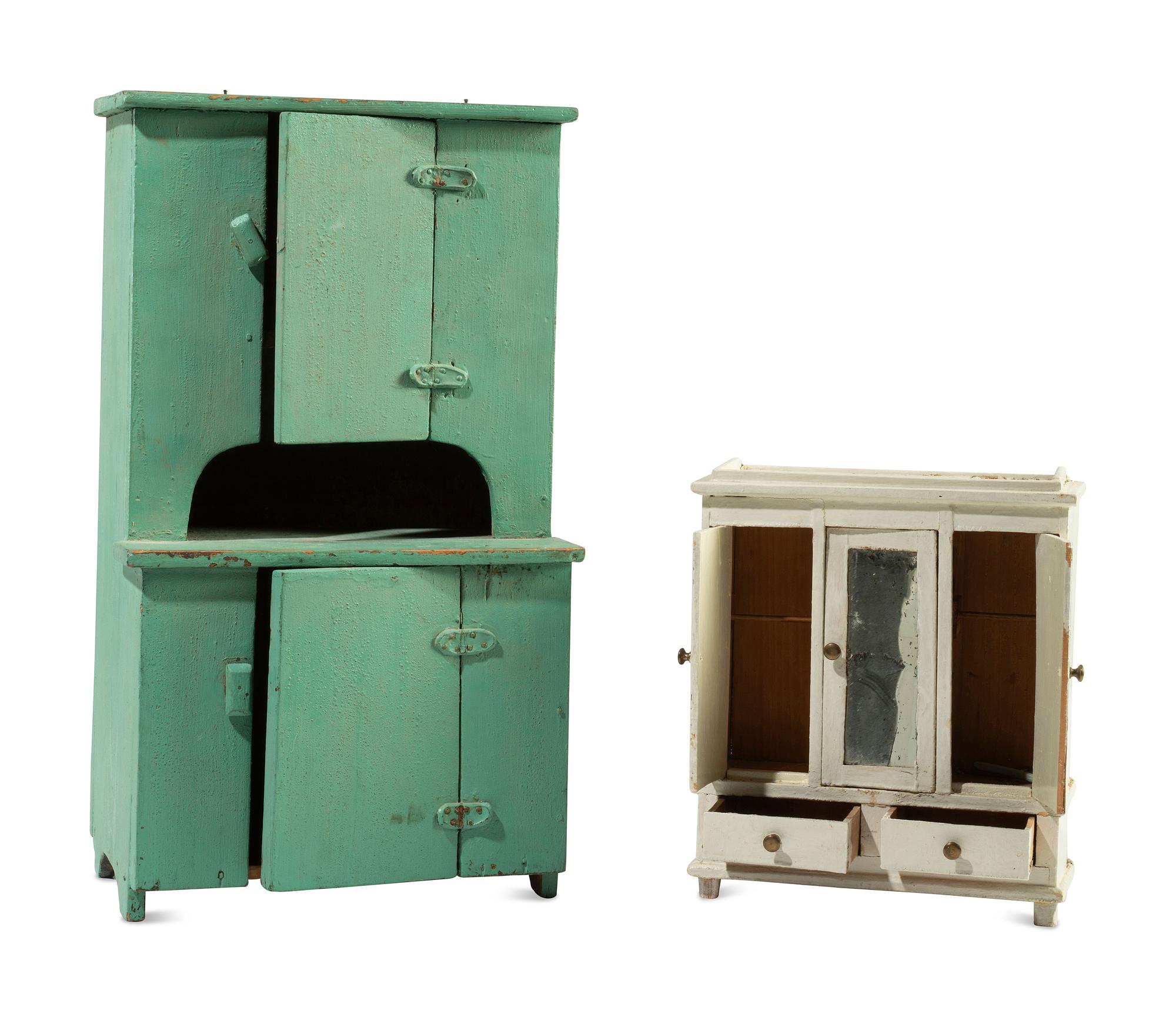 A Green Painted Miniature Step-Back Cupboard and a White-Painted Miniature Wardrobe Cabinet