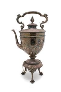 A Silverplate Hot Water Kettle on Stand, possibly English, Height overall 19 inches.