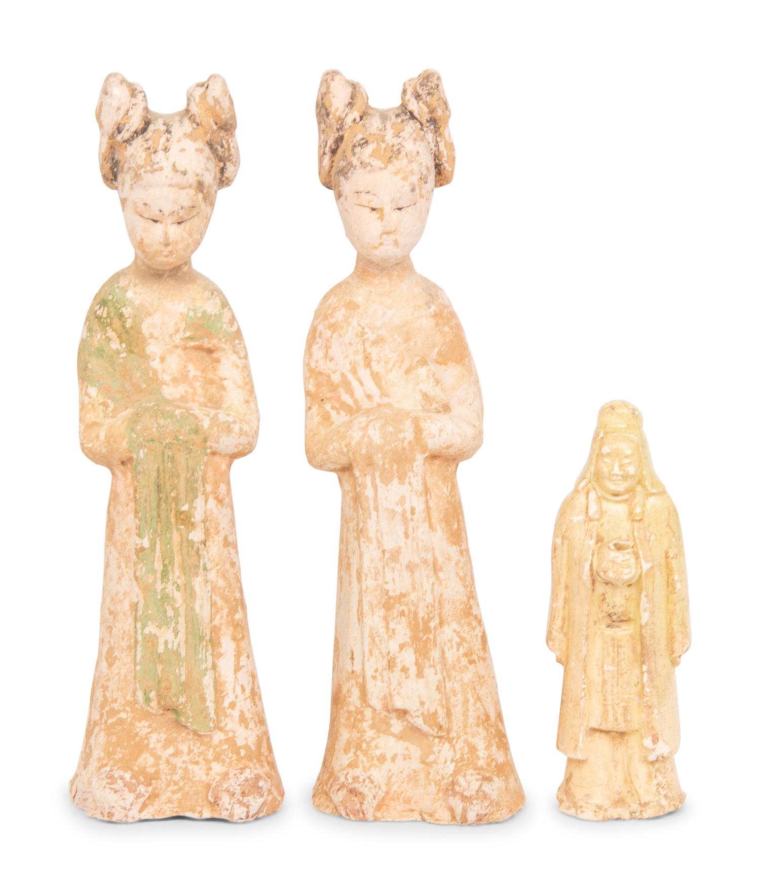 A Glazed Soldier and Two Painted Terracotta Figures, Sui-Tang Dynasties