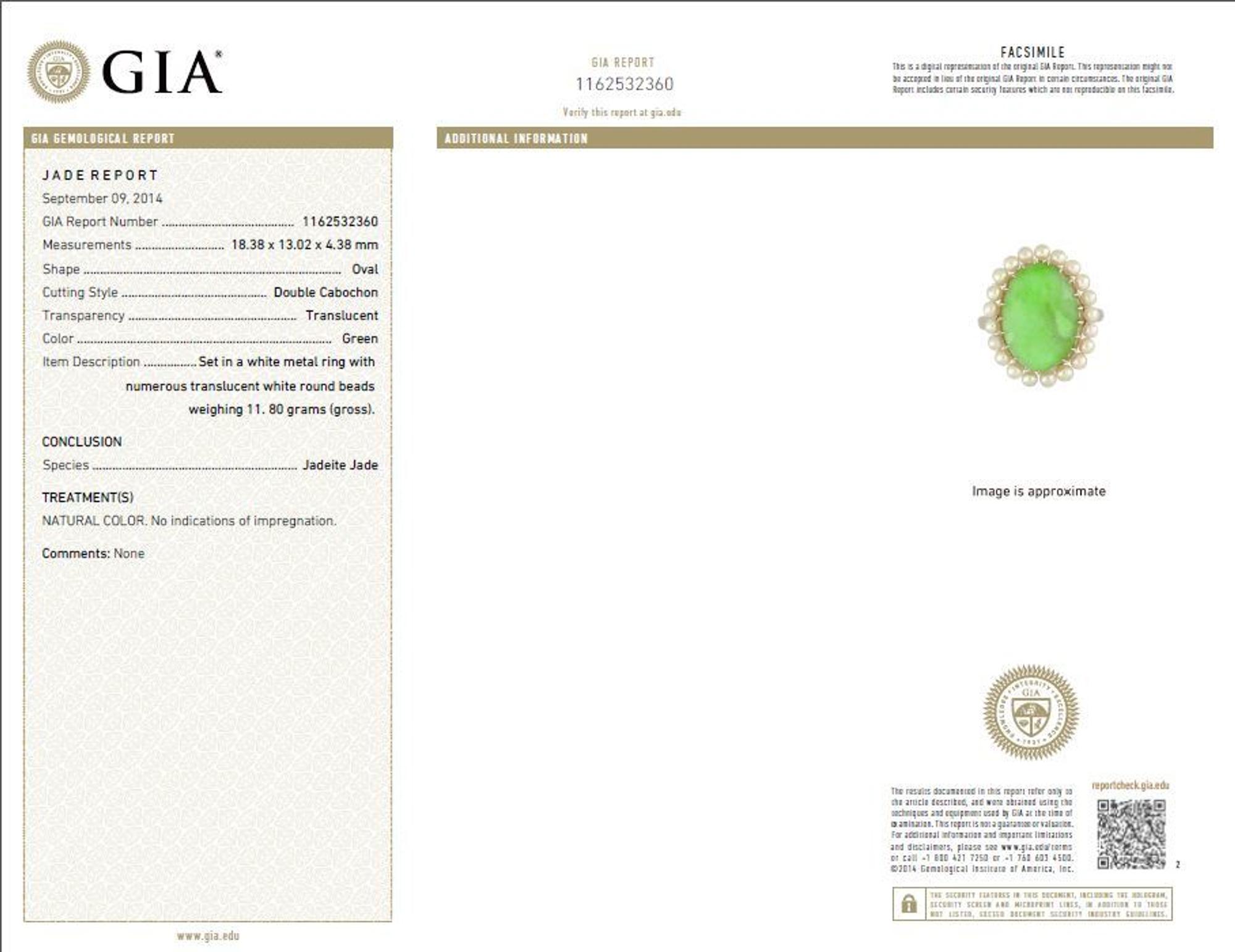 A Platinum, Jadeite Jade and Cultured Pearl Ring, 7.30 dwts.