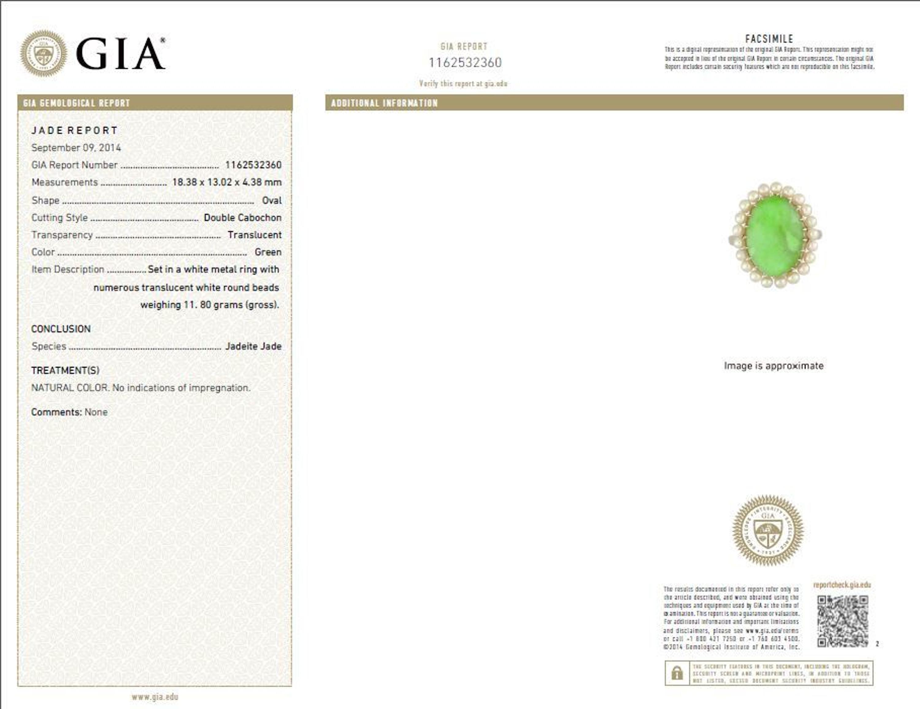 A Platinum, Jadeite Jade and Cultured Pearl Ring, 7.30 dwts.
