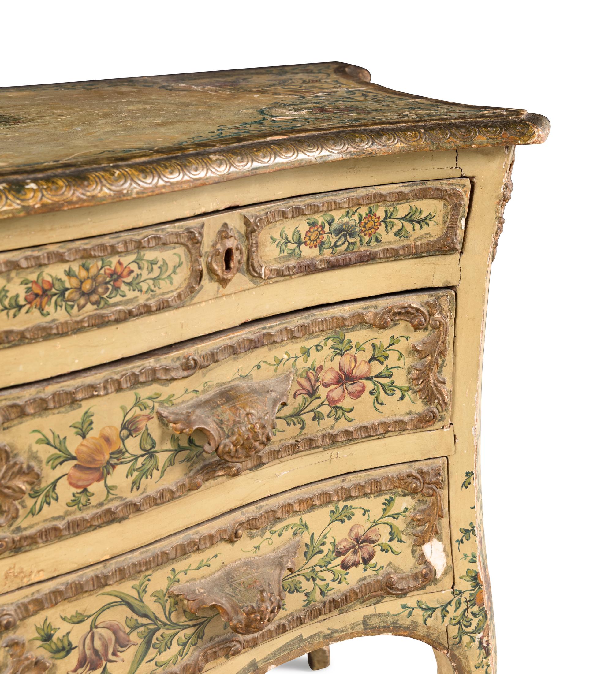 A Venetian Rococo Polychrome Decorated and Parcel-Gilt Commode