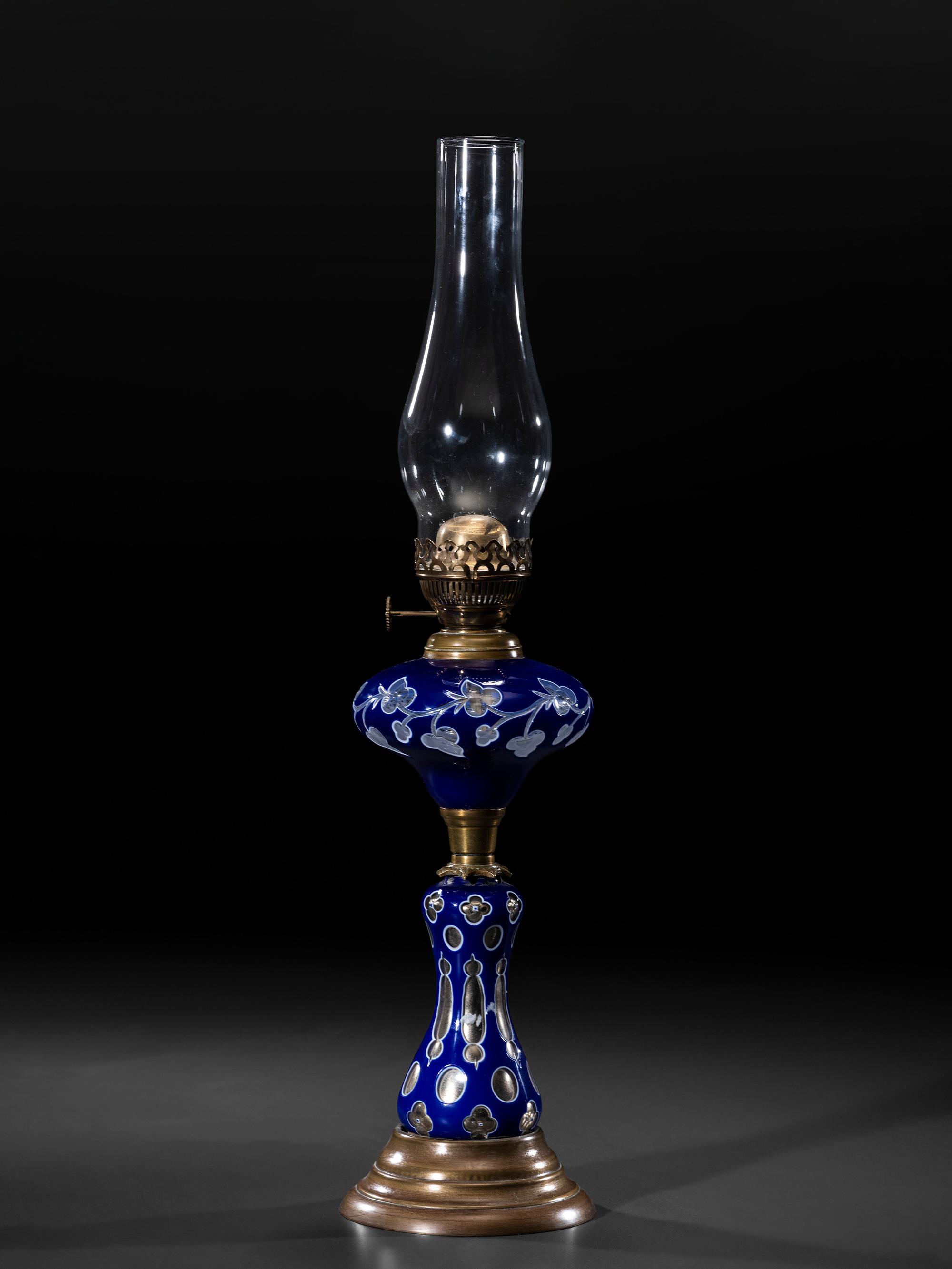 A Cobalt Cut to Clear Glass Oil Lamp
