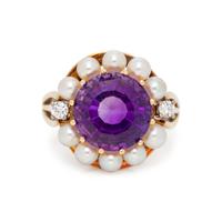 AMETHYST, DIAMOND AND CULTURED PEARL RING