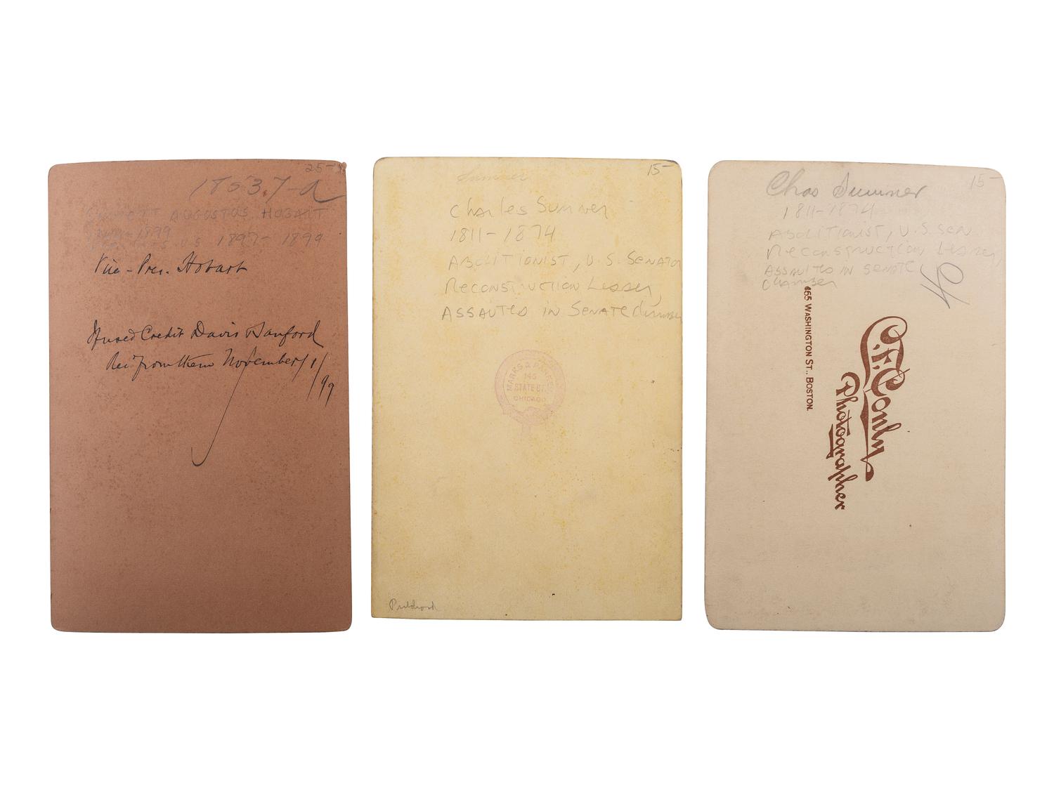 [POLITICS]. 6 cabinet cards of US Presidents and politicians incl. JOHNSON, GRANT, & SUMNER.